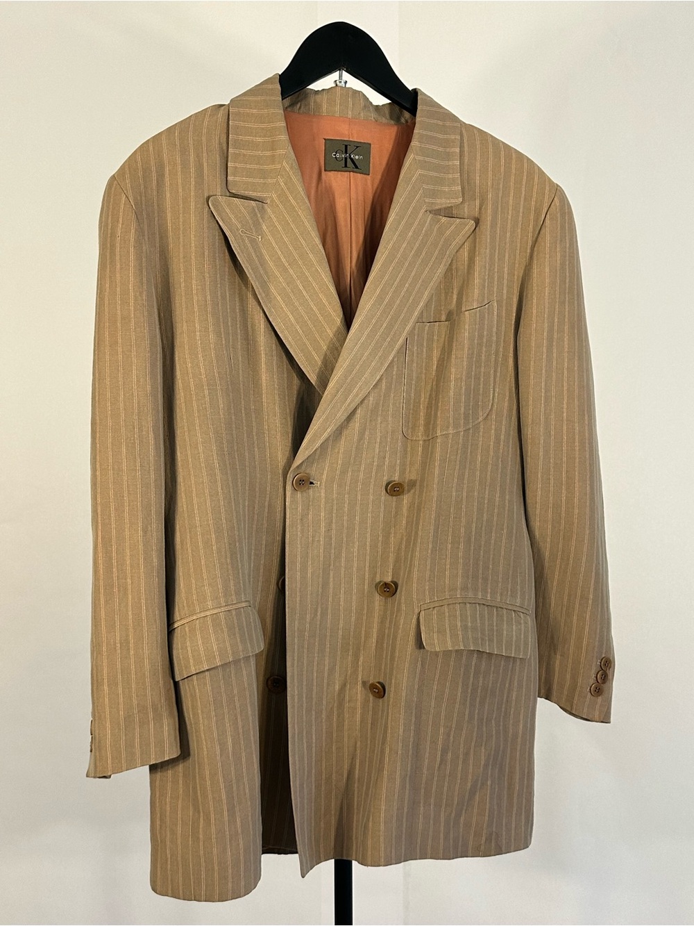 Calvin Klein Tan Pinstripe Double-Breasted Blazer